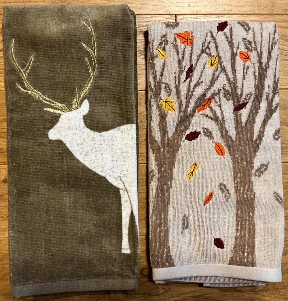2 Fall Hand Dish Towel Bath Kitchen Towel Fall Leaves and Stag Embroidered